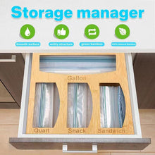 Load image into Gallery viewer, Bamboo Ziplock Bag Storage Organizer and Dispenser purplewares for Kitchen Drawer, Suitable for Gallon, Quart, Sandwich & Snack Variety Size Bag (Brown)
