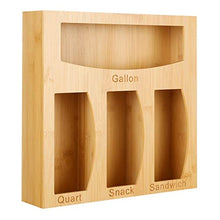 Load image into Gallery viewer, Bamboo Ziplock Bag Storage Organizer and Dispenser purplewares for Kitchen Drawer, Suitable for Gallon, Quart, Sandwich &amp; Snack Variety Size Bag (Brown)

